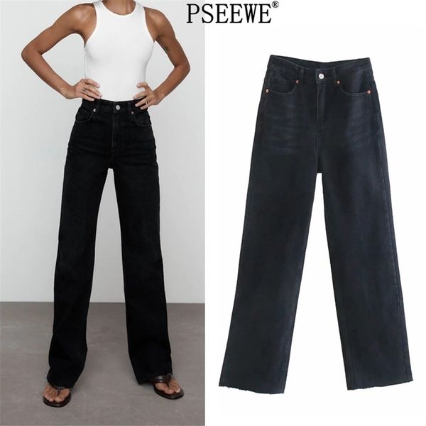 Jean mulheres preto cintura larga perna mulher mulher jeans vintage moda feminina fêmea desbotada efeito denim calças 210519