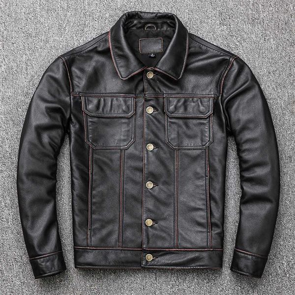

men's leather & faux 2021 fashion vintage genuine jacket men short cowhide slim fit locomotive real male casule coat, Black