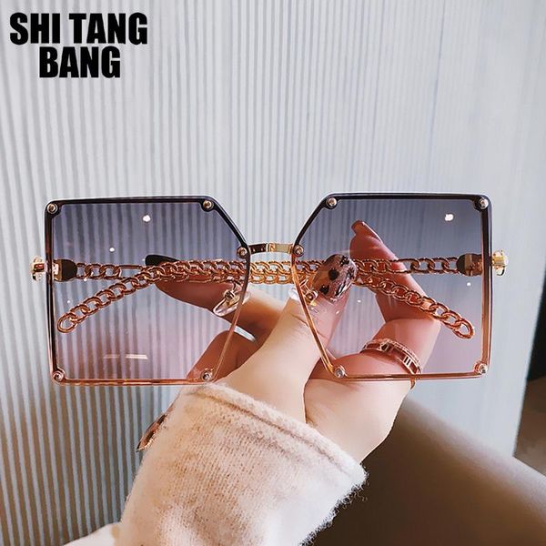 

sunglasses fashion rimless oversize gradient sun glasses for women vintage alloy hollow chain frame rivet squre elegant shade, White;black