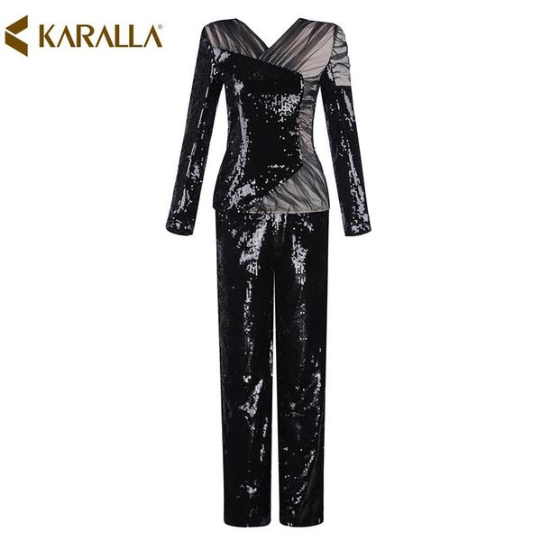

two piece dress high-quality 2021 women's autumn runway fashion long-sleeved slim perspective jacket trousers suit pants h0168, White