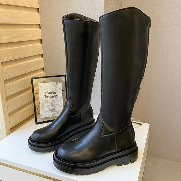 

boots flat platform women's rubber shoes rain round toe boots-women thigh high heels zipper clogs ladies low loli, Black