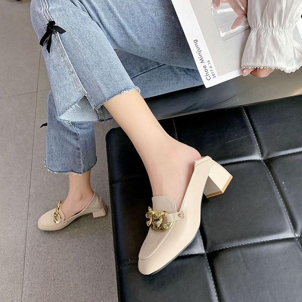 

dress shoes crr luxury woman loafers square toe chain decoration slip-on female mules plus size elegant shallow office ladies block heels, Black