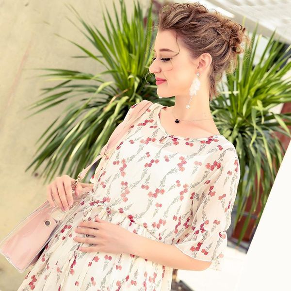 

maternity dress summer fashion skirt long floral chiffon dresses, White