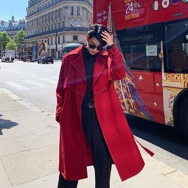 

men's trench coats men vintage streetwear hip hop red cardigan loose casual long jacket coat outerwear male women windbreaker overcoat, Tan;black