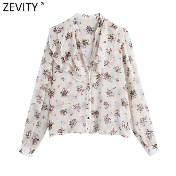 

zevity women vintage v neck flower print casual smock blouse office lady cascading ruffle shirts chic chiffon blusas ls9020 210419, White