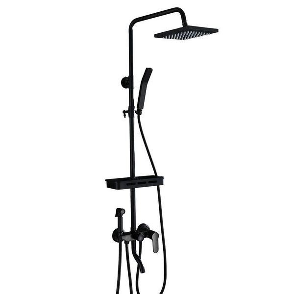 

matte black rainfall shower faucet set single lever bathtub mixer & storage shelf water tap bathroom sets