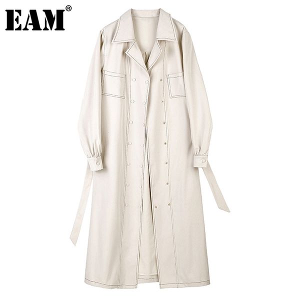 

[eam] women beige belt double breasted long trench lapel sleeve loose windbreaker fashion spring autumn 1dd0762 210914, Tan;black