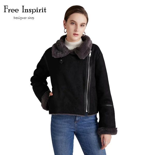 

winter sheepskin leisure coats women thicken faux leather fur diagonal zipper coat female lining wool liner jacket women's jackets, Black;brown