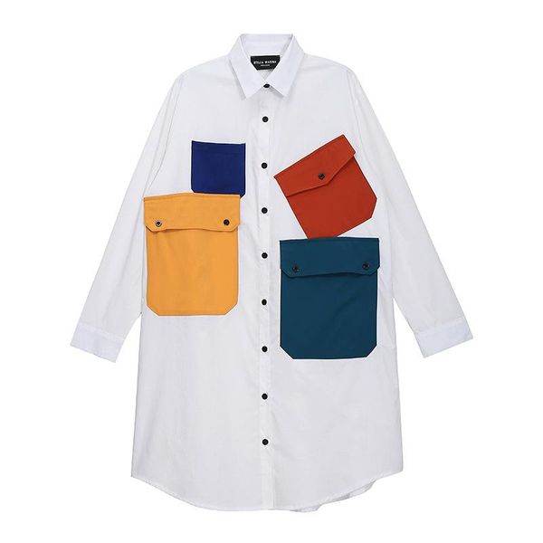 

casual dresses women white pocket irregular big size shirt dress lapel long sleeve loose fit fashion tide spring autumn 2021, Black;gray