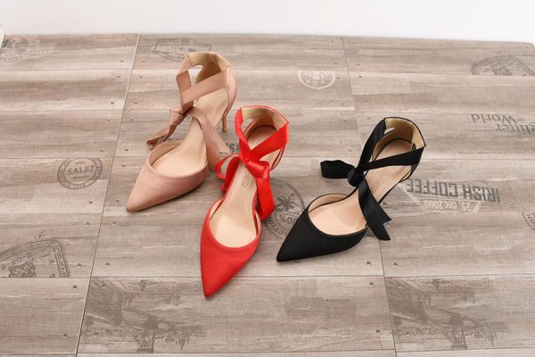 

dress shoes 2021 summer women butterfly-knot silk ankle strap pointed hollow 8cm thin high heel fashion praty, Black