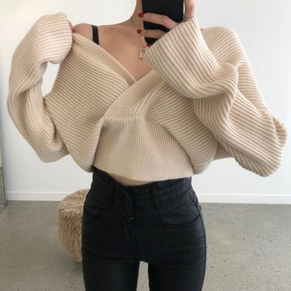 

women's sweaters sweater 2021 autumn winter solid color v-neck crossover fashion loose bat sleeve women clothing design korea, White;black