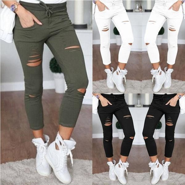 

spring autumn women fashion summer casual long pants solid colors slim hole pencil mid-waist skinny plus size 4 women's & capris, Black;white