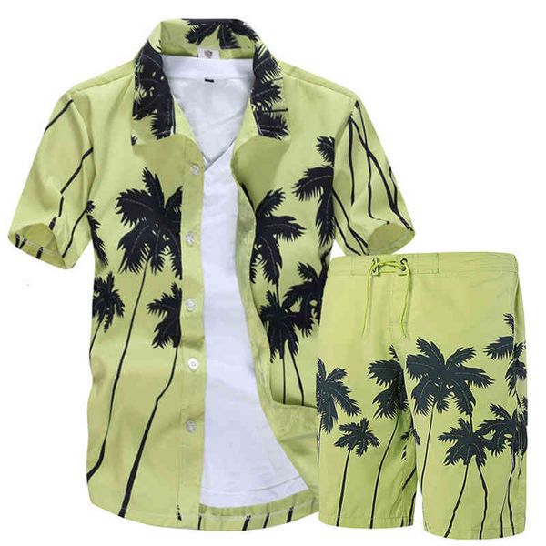 

mens hawaiian shirts set fashion summer floral shirts men +print beach shorts short sleeve tracksuit mens sets, Gray