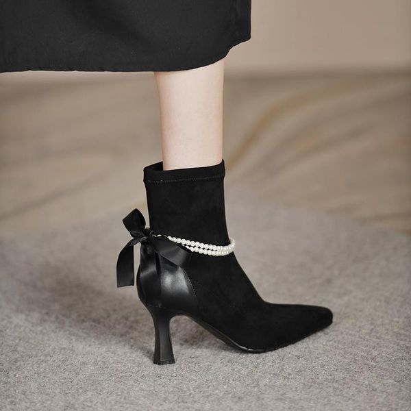 

boots 2021 women's high-heeled short winter zipper keep warm stiletto fashion beads pointed tube, Black