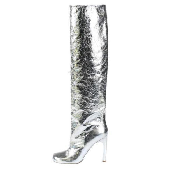 

boots spring women knee high square toe metallic sheen mirror sheep leather stiletto heels female runway banquet botas 2022, Black