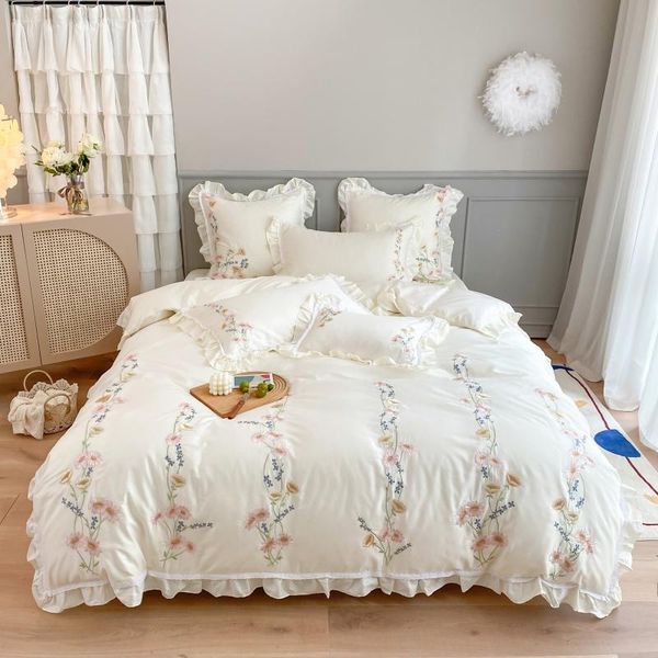 

bedding sets luxury white floral embroidery 100s egyptian cotton set  king ruffle duvet cover bed linen pillowcases home textile