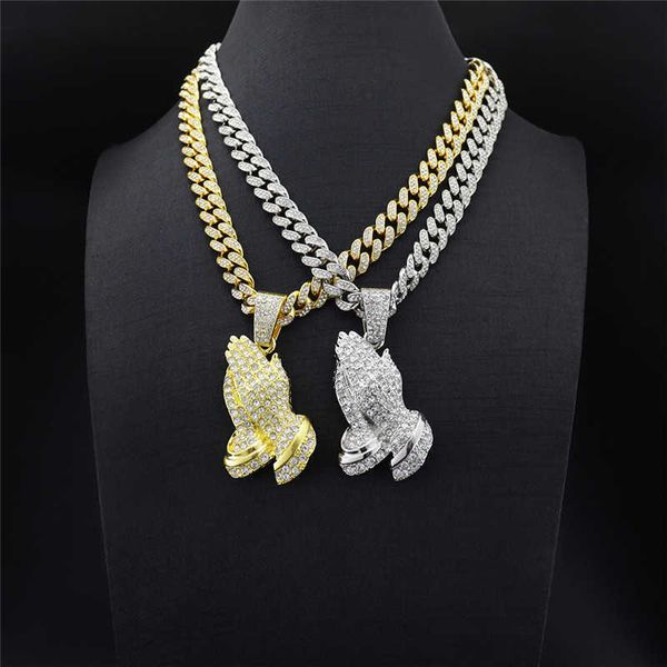

prayer necklace for men women hip hop christian jewelry cubic zircon praying hands pendant, with iced out cuban chain 20 x0707, Silver