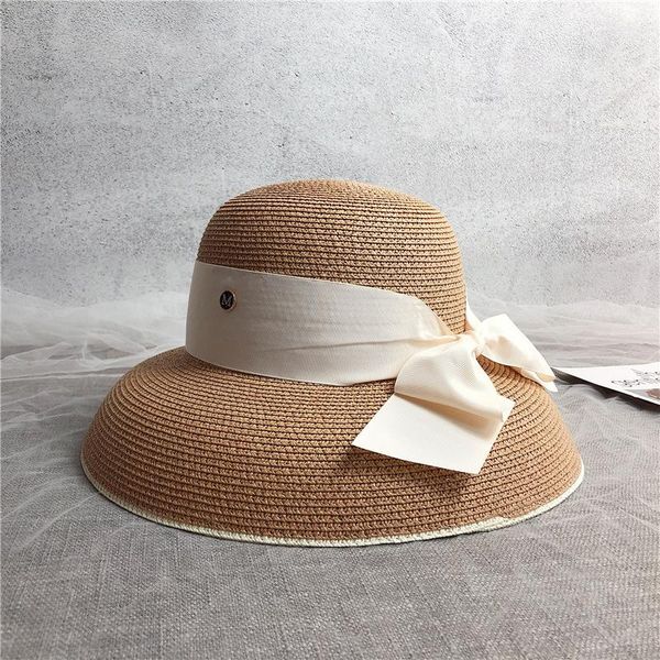 

wide brim hats net red french straw hat female retro sun beach seaside uv protection bow fisherman, Blue;gray