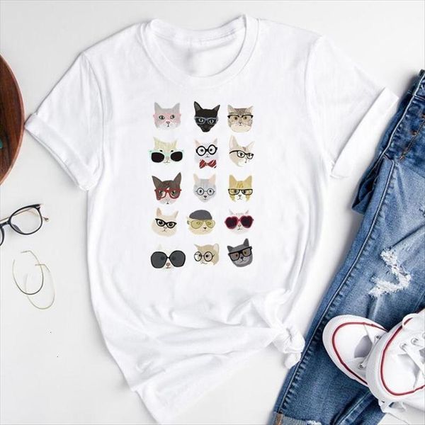 

graphic cartoon cat funny women animal printing 90s short sleeve summer fashion print female clothes tees shirt, White