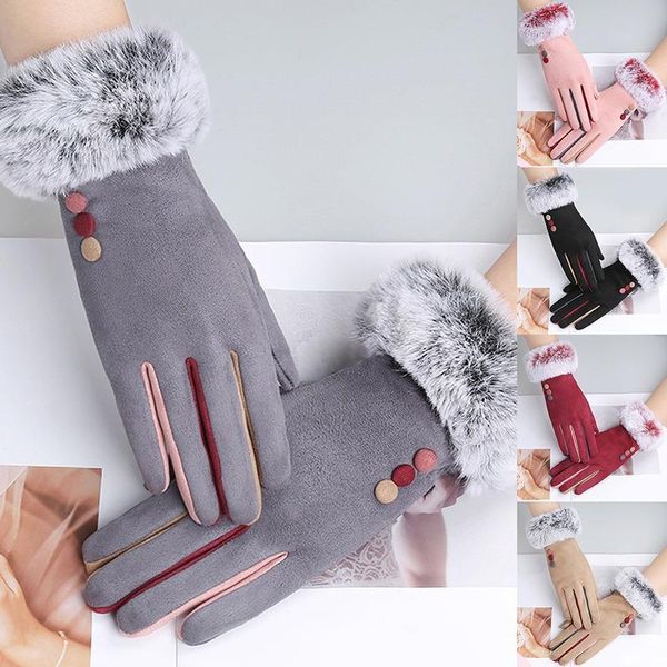 

sports gloves 2021 touch screen warm women winter thickened color leather fur, Black