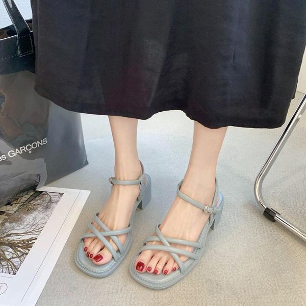 

sandals 2021 summer block heels sale of women's shoes roman buckle med all-match ankle strap suit female beige chunky gladia, Black