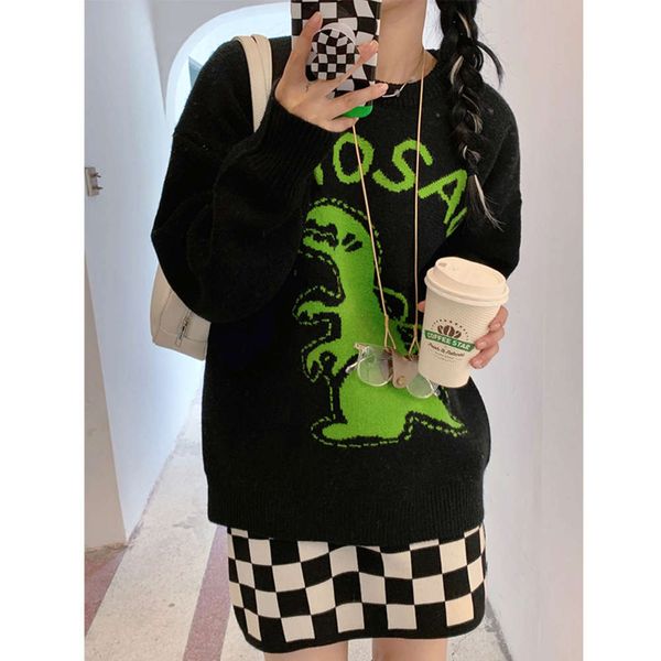 

black dinosaur sweater autumn loose style design knitted top, White;black