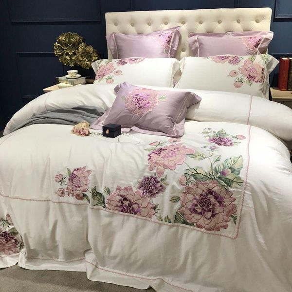 

bedding sets deluxe american satin cotton 4-piece set with purple flower embroidery 1.8m bed linen idylic quilt cover king-size