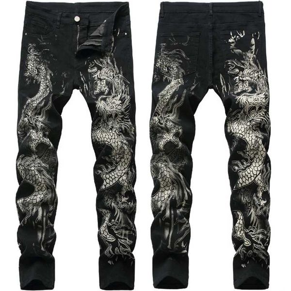 Herren chinesische trendige Drache schwarze Röhrenjeans Stretch bequeme Mode Hip-Hop-Hosen Streetwear-Druckhose 211108