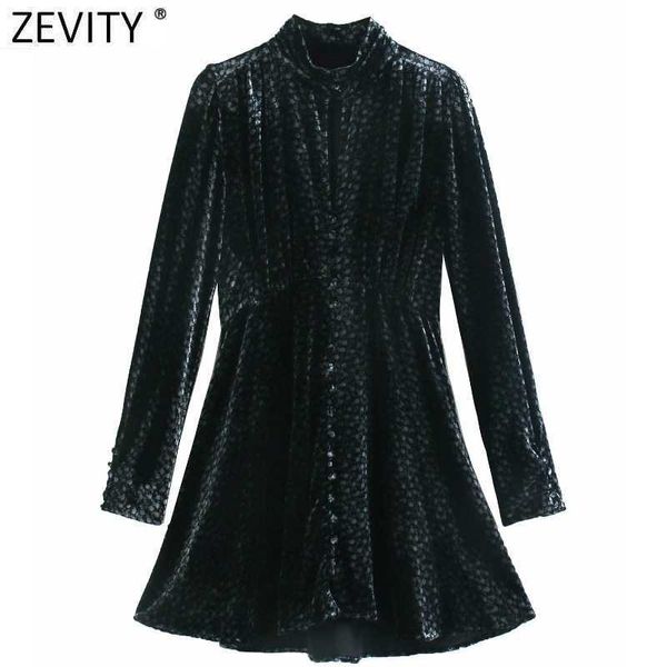Zevity Donna Vintage Colletto alla coreana Stampa floreale Fibbie Mini abito Femme Chic Pieghe Velluto Party Vestido Casual Panno DS4881 210603