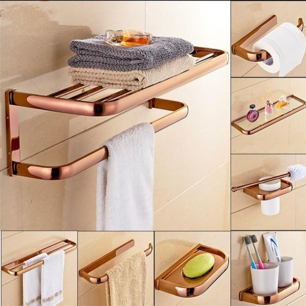 

bathroom shelves brass accessories set, rose gold robe hook,paper holder,towel bar,soap basket,towel rack hardware set hcio