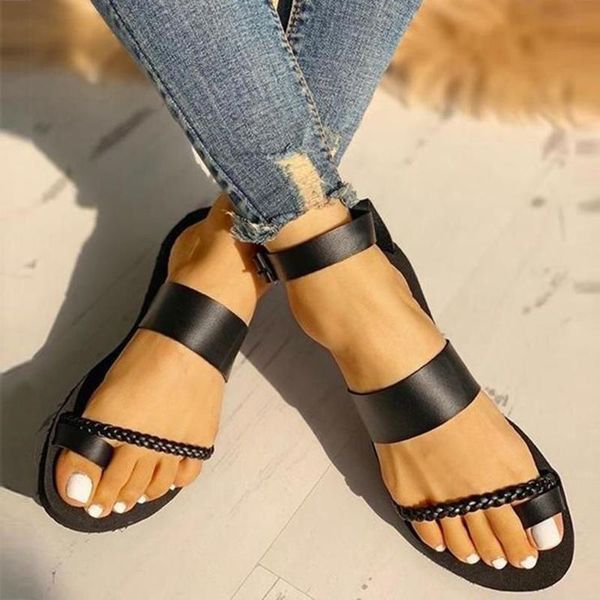 

sandals women solid color flat flip flops casual buckle strap shoes for ladies summer fashion 2021 outdoor beach footwear, Black