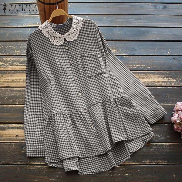 

women's blouses & shirts 2022 spring women plaid checked long sleeve casual vintage ruffles female buttons blusas lace crochet s, White