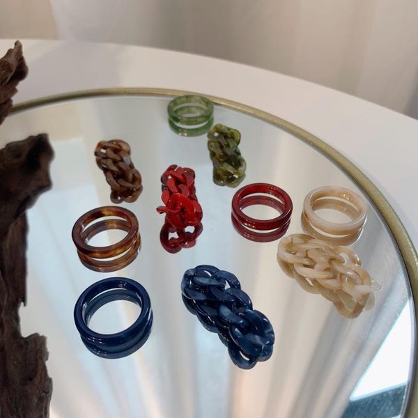 

cluster rings 2 pcs/set ins simple colorful retro chain resin ring personality color hollow for women girls fashion jewelry, Golden;silver