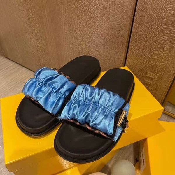 

designer sandals slipper slide sandal woman wide ribbon product satin fold shape comfortable female anti-fall fashion designers slides box s, Black