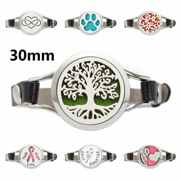 Árvore da vida 316L Aço inoxidável 30mm Bracelet Locket com couro PU para homens 10PADs Bangle