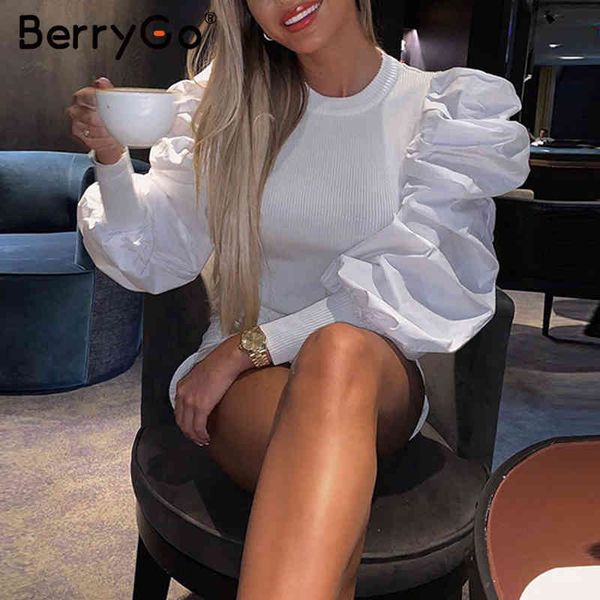 

berrygo puff sleeve patchwork blouse shirt women chic long female knitted shirts elegant slim party club lady 210513, White