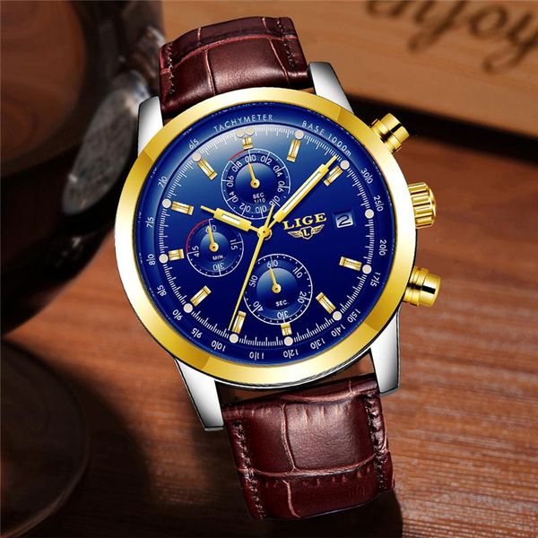 

wristwatches lige gold mens watches brand luuxury quartz clock male casual leather waterproof sport chronograph relogio masculino+box, Slivery;brown