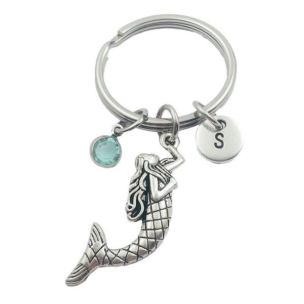 

keychains mermaid animal initial letter birthstone keyring creative fashion jewelry women gifts accessories pendant, Silver