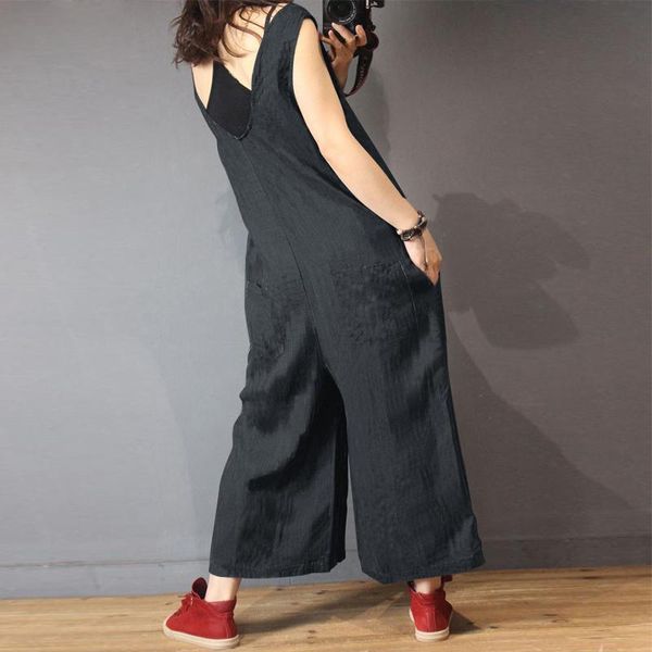 

women's jumpsuits & rompers 2021 jumpsuit retro v-neck sleeveless solid color loose overalls casual cotton linen trousers wide leg pant, Black;white