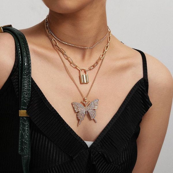 

pendant necklaces statement big butterfly necklace three layers chain for women choker lock party jewelry, Silver
