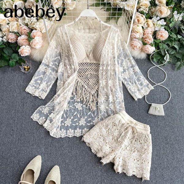 

women's tracksuits 3 piece set women lace long sleeve cardigan+hollow out tassel suspenders+elasticity lacing shorts knitting fashion s, Gray