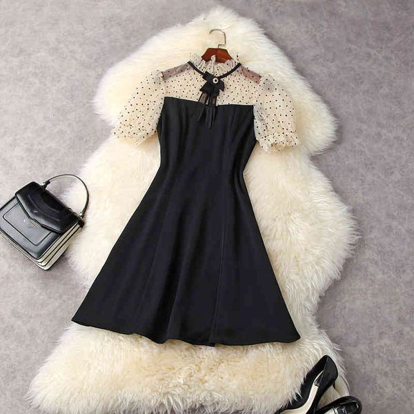 

casual dresses spring short sleeve stand collar black / champagne polka dot tulle ribbon tie bow panelled dress elegant lm1211939 pay2, Black;gray