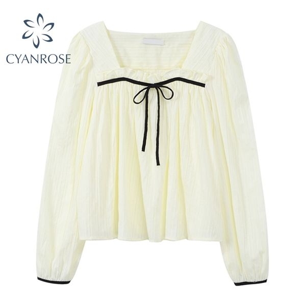 

square collar korean blouses long sleeve office ladies casual mori girl sweet elegant loose shirts female pullover retro ol 210430, White