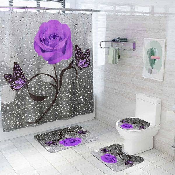 Florale Badematte und Duschvorhang-Set, Duschvorhang mit Haken, Badvorleger, rutschfester Badezimmerteppich, WC-Fußpolster, Badematte 210724