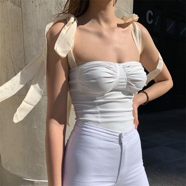

women tanks straps vest tank sleeveless fashion shirt push up tube cropped clothes bow tie shoulder ruched bodycon, White