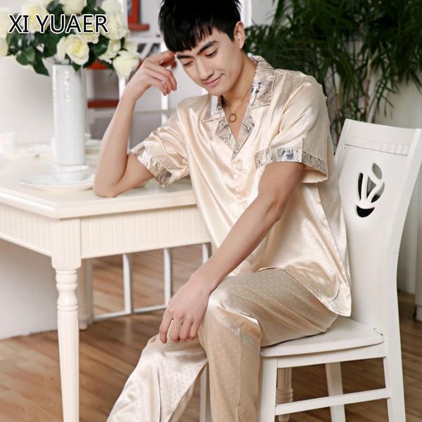 

men's sleepwear xi yuaer stain silk pajama set men pajamas modern style soft cozy satin nightgown autumn xy006, Black;brown