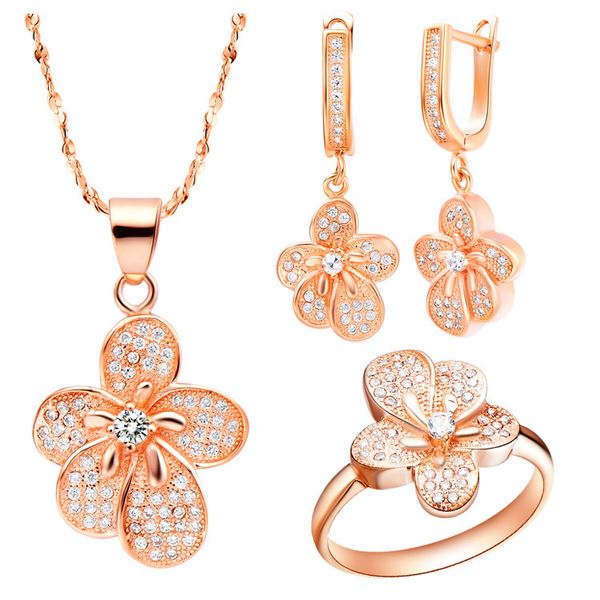

new arrivals wedding jewelry set rose gold plated white crystal pendant necklace ring earring sets with flower with stamen design, Slivery;golden