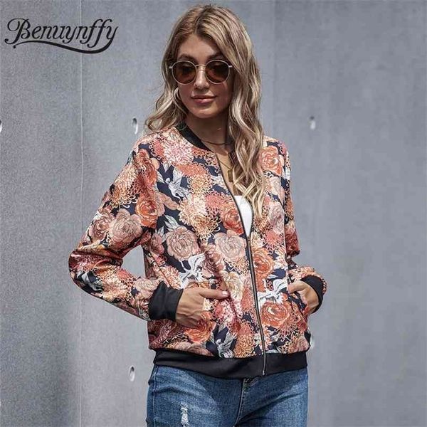 

autumn winter floral print zipper coat pocket long sleeve women jacket korean streetwear casual ladies coats outwear 210510, Black;brown