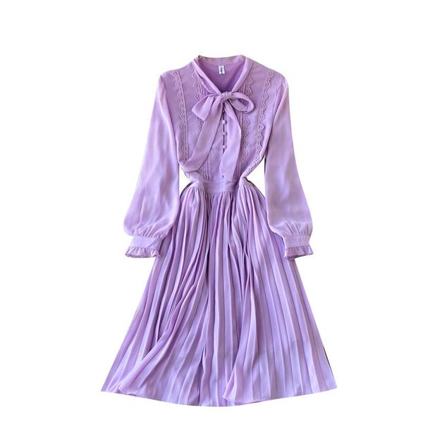 

casual dresses [ewq] 2021 summer autumn midi vintage chiffon vestidos women purple crochet lace pleated ladies trendy clothing, Black;gray