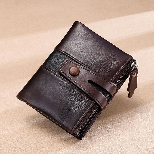 

wallets double zipper leather wallet men's full-grain short small card holder purse anti-theft brush rfid color matching, Red;black
